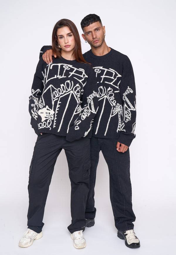 Multiply Spparel Oversize Knit Sweater DOWNTOWN Black Blitzangebot
