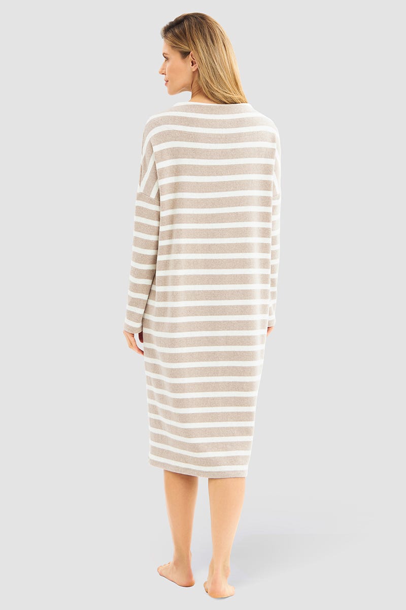 Rösch Hauskleid im Ringeldruck Hellbraun aus Strickware Letzte 2 Tage