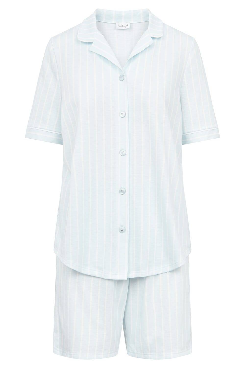 Rösch Pyjama kurz im Streifenprint Hellblau Herrenhemdstil 100% Baumwolle Schlussverkauf