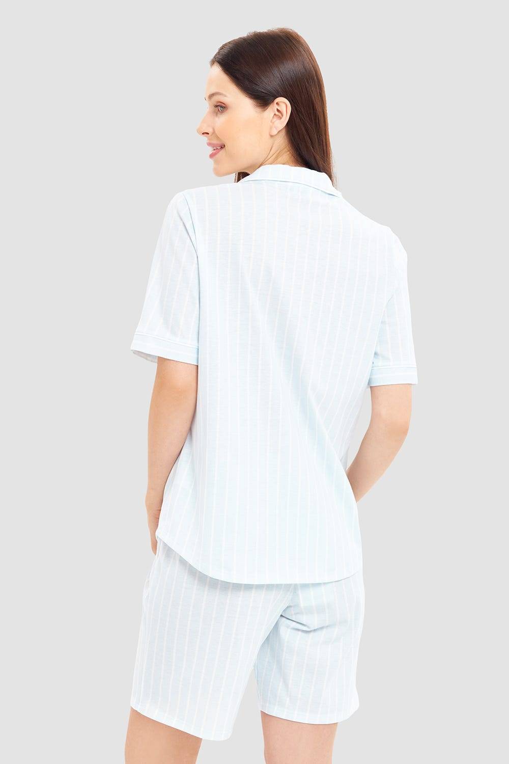 Rösch Pyjama kurz im Streifenprint Hellblau Herrenhemdstil 100% Baumwolle Schlussverkauf