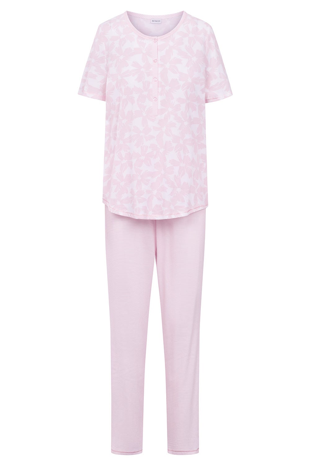 Rösch Pyjama im Muster-Mix Blumen Streifen Rosa 100% Baumwolle Rabatt