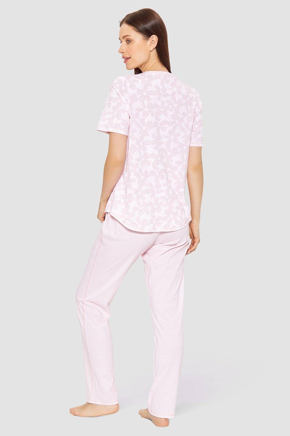 Rösch Pyjama im Muster-Mix Blumen Streifen Rosa 100% Baumwolle Rabatt