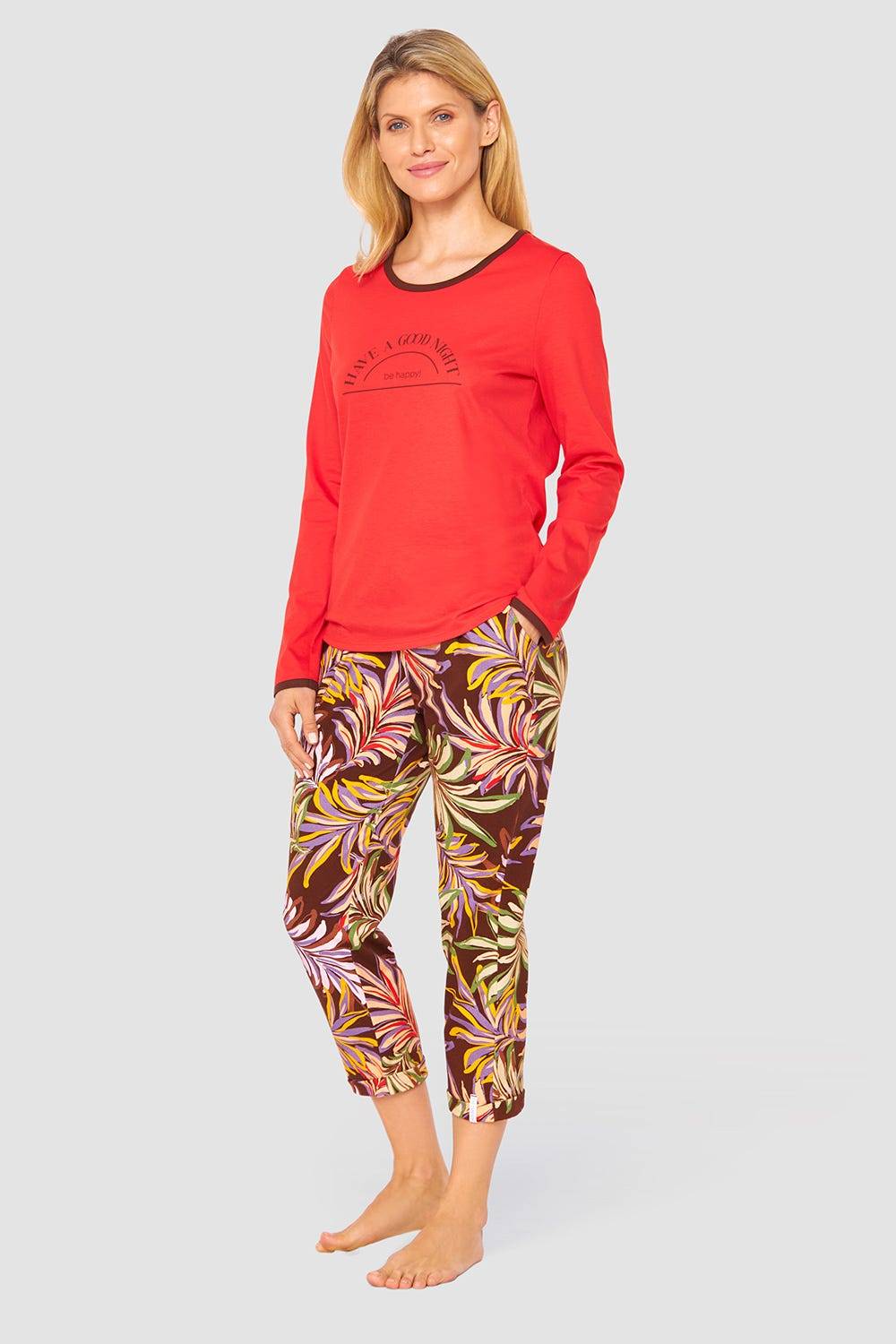 Rösch 7/8-Hose im bunten Blätterdruck Braun Baumwolle/Elasthan Online Outlet