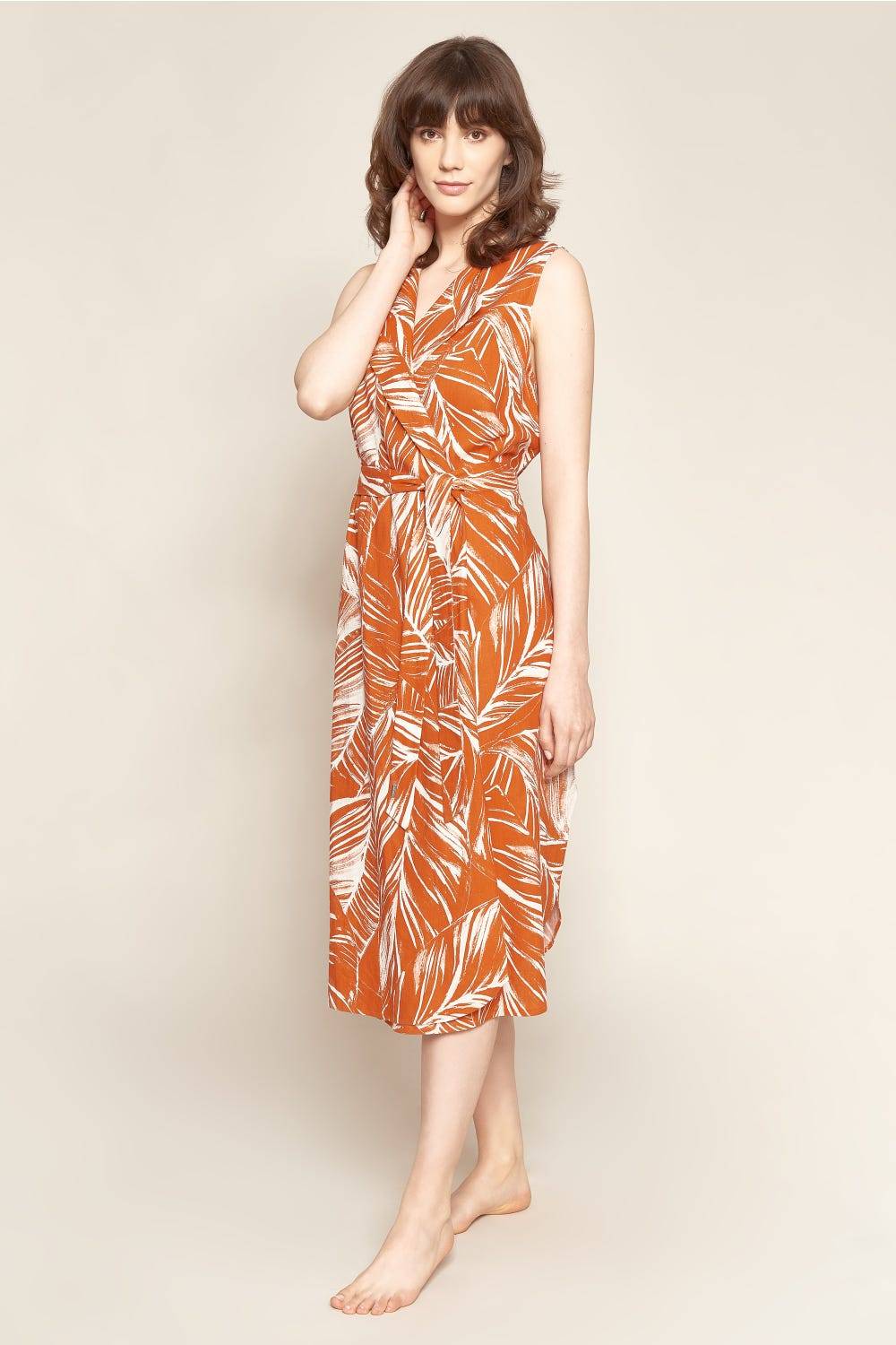 Rösch Freizeitkleid im sommerlichen Blätter-Druck Wickelform Leinen/Viskose Schlussverkauf