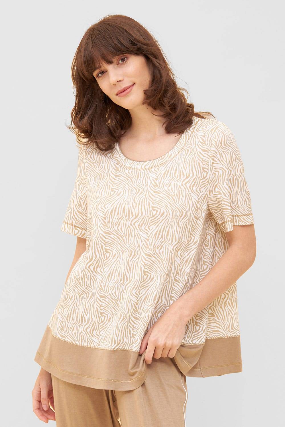 Rösch Shirt im Zebra-Druck Beige Ziernähte A-Linie Mix & Match Baumwolle/Modal