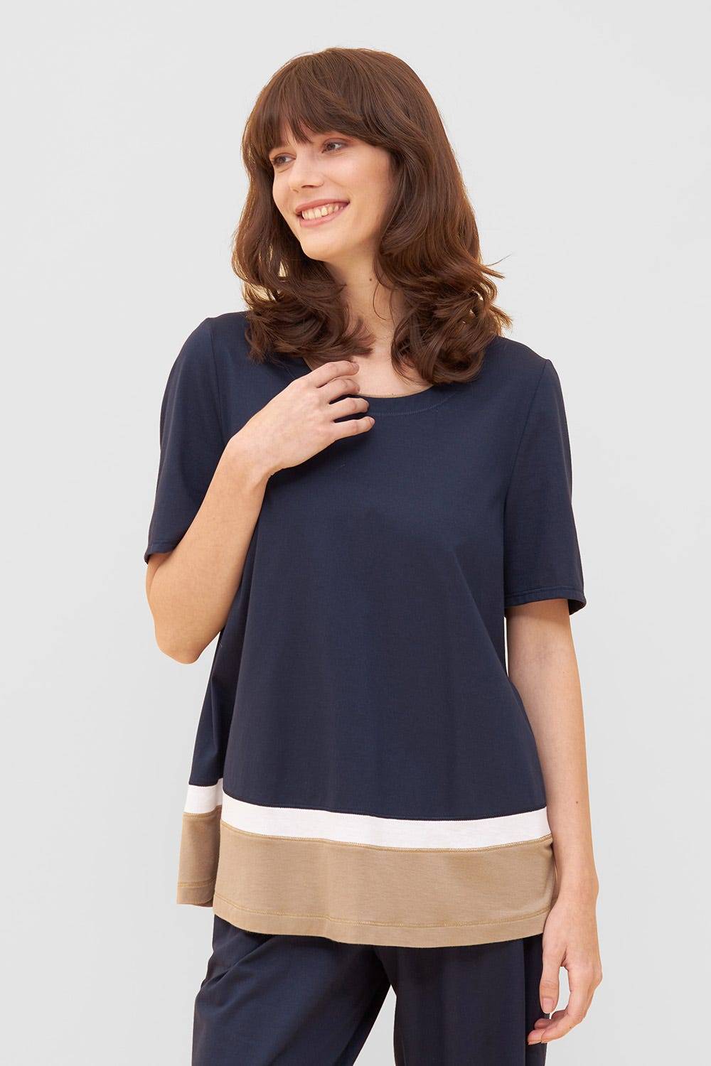 Rösch Shirt in Colorblocking-Optik Dunkelblau Beige Mix & Match Baumwolle/Modal