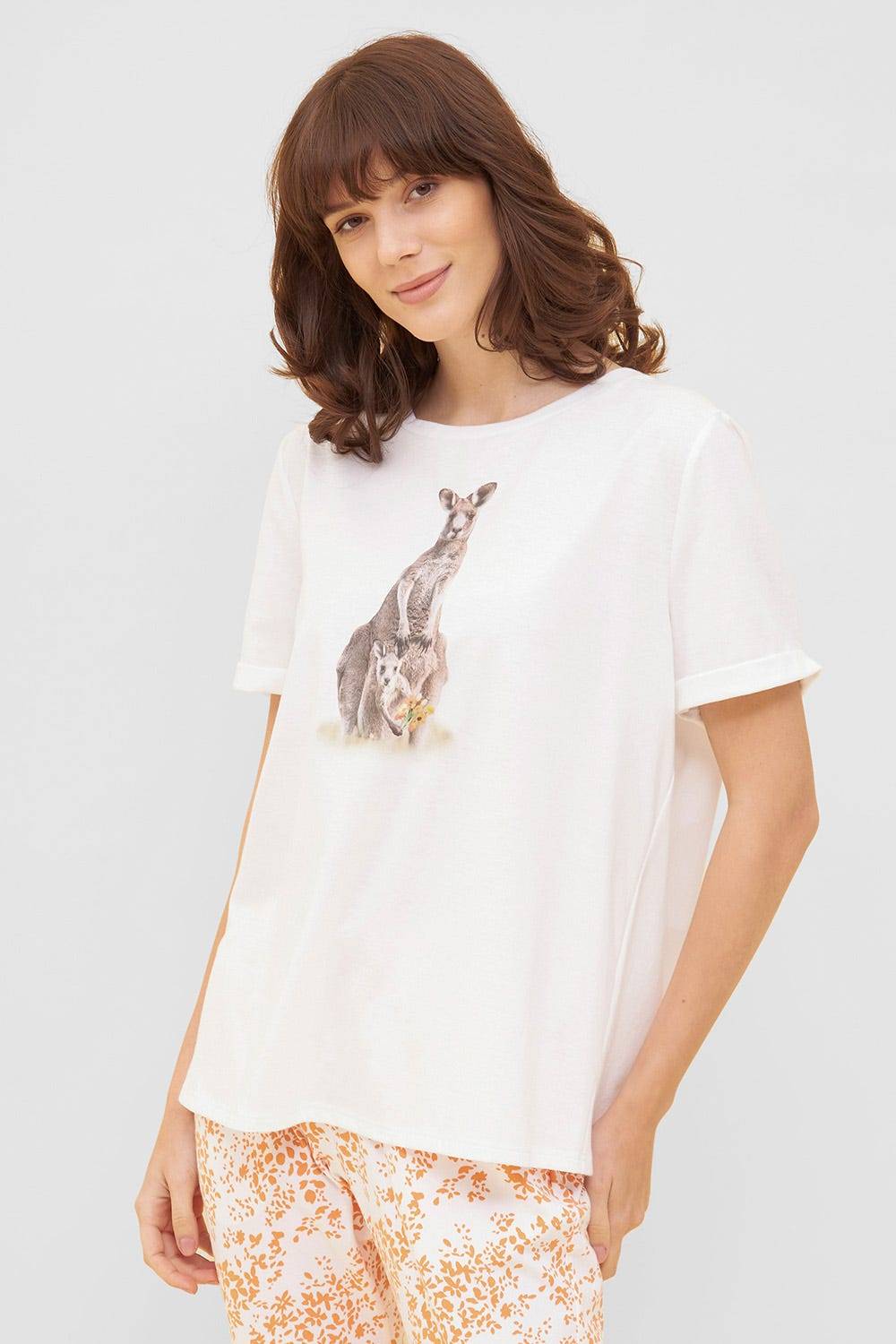Rösch T-Shirt mit Motivdruck Känguru Basic Weiß Mix & Match 100% Baumwolle
