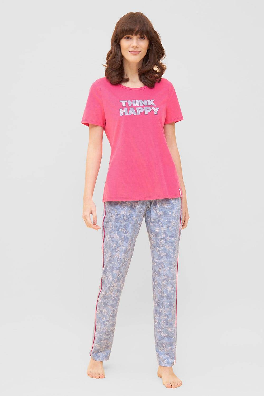 Rösch T-Shirt mit Schriftzug &quot;Think Happy&quot; Pink Kurzarm Mix &amp; Match 100% Baumwolle Hotsell