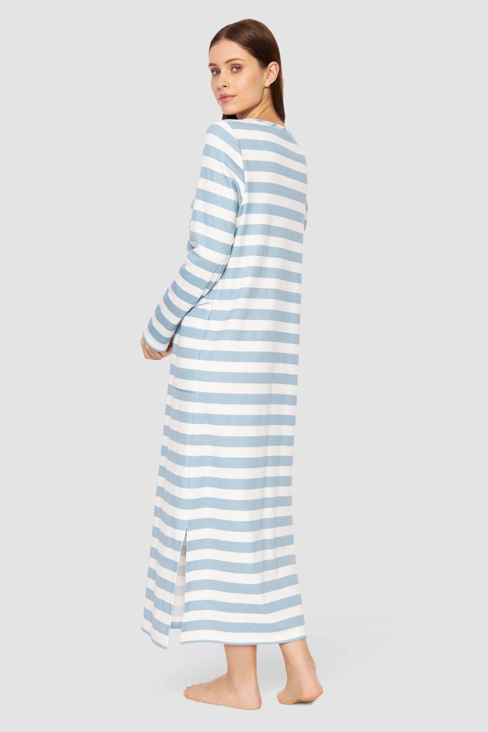 Rösch Nachtkleid im Ringel-Mustermix angerauht Hellblau 100% Baumwolle Großer Ausverkauf