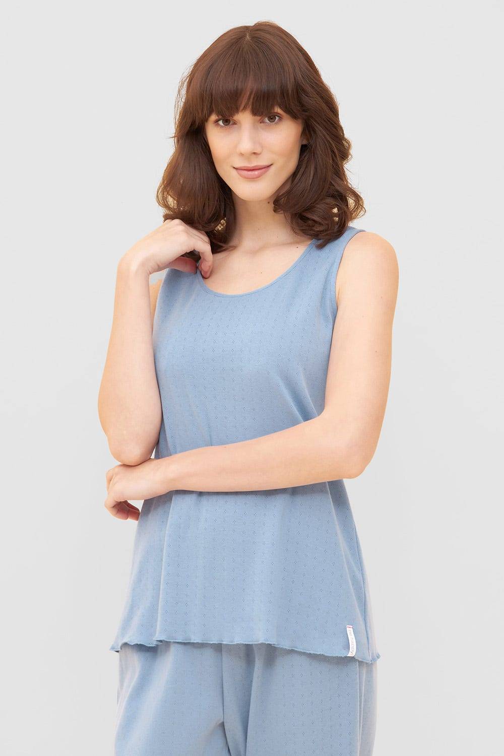 Rösch Pyjama-Top aus Ajour Feinstrick Hellblau Ärmellos Mix & Match 100% Baumwolle