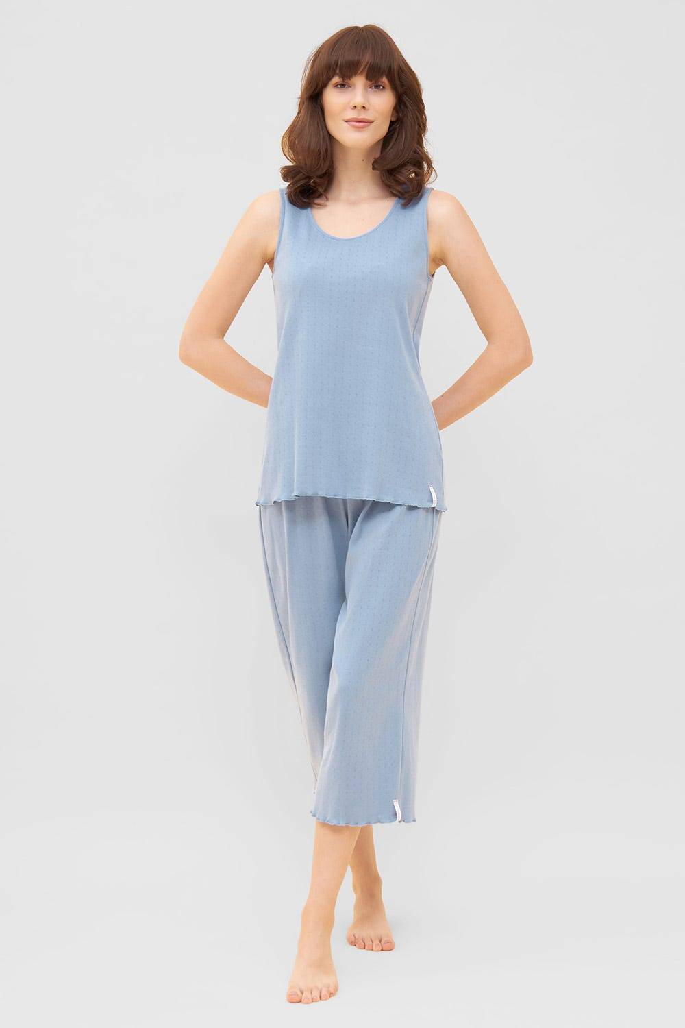 Rösch Pyjama-Top aus Ajour Feinstrick Hellblau Ärmellos Mix &amp; Match 100% Baumwolle Saisonschlussverkauf