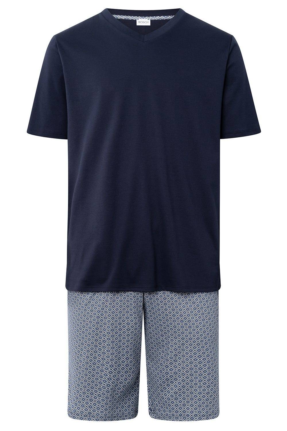 Rösch Herren Kurzer Pyjama mit Minimalprint Blau Bermuda V-Ausschnitt 100% Baumwolle Tägliche Deals