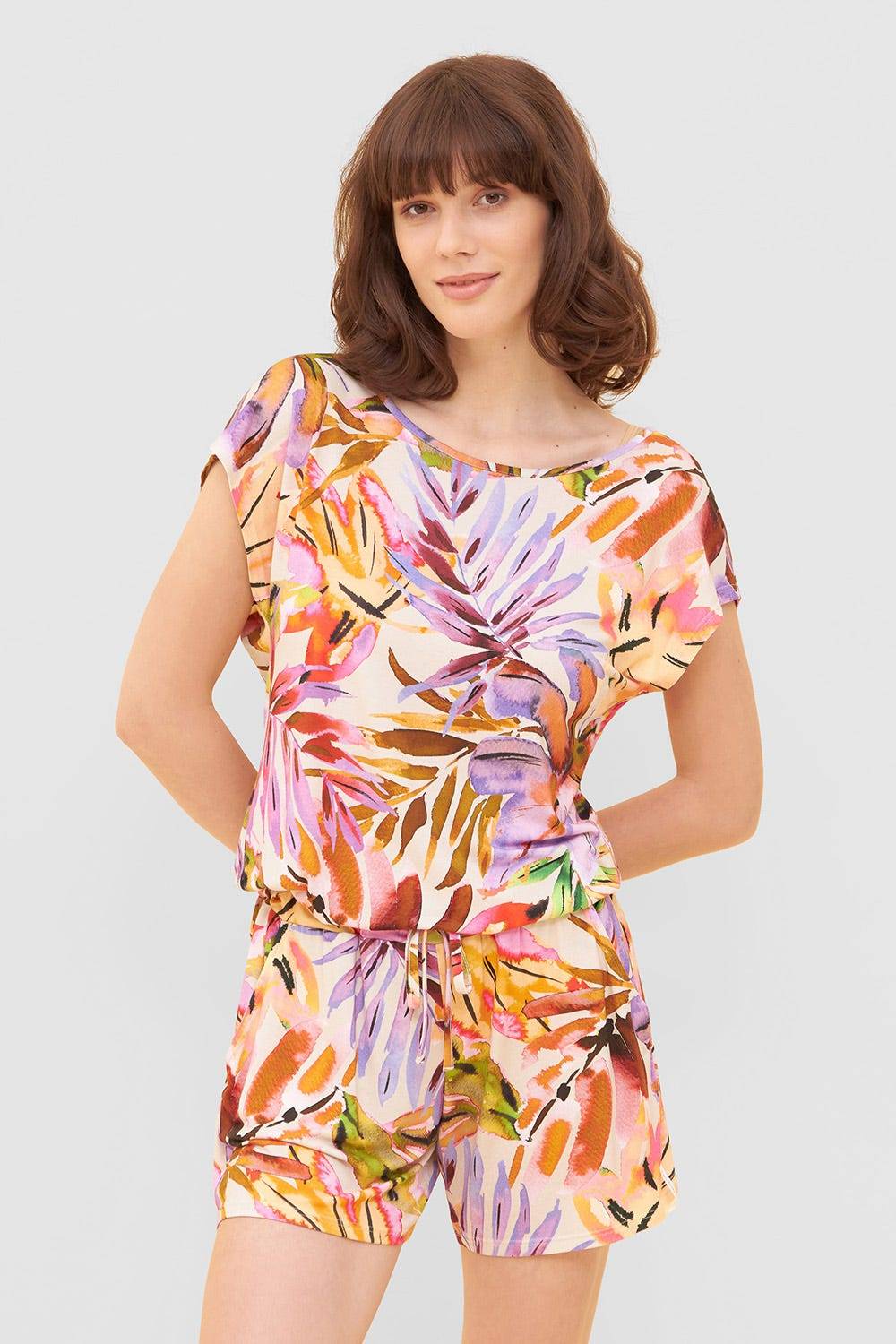Rösch Jumpsuit im fröhlichen Blätter-Druck Bunt Shorts Sommer Viskose/Elasthan Zeitbegrenzte Promotion