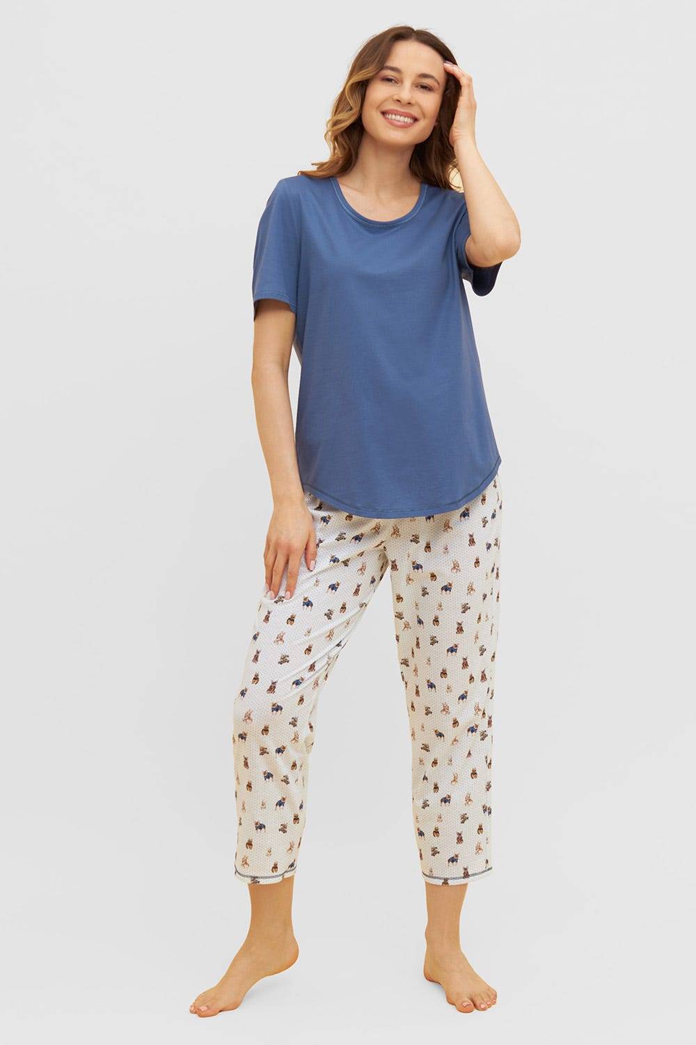 Rösch Pyjama mit verspieltem Hunde-Druck 7/8-Hose Blau Ziernähte 100% Baumwolle Speichern exportieren