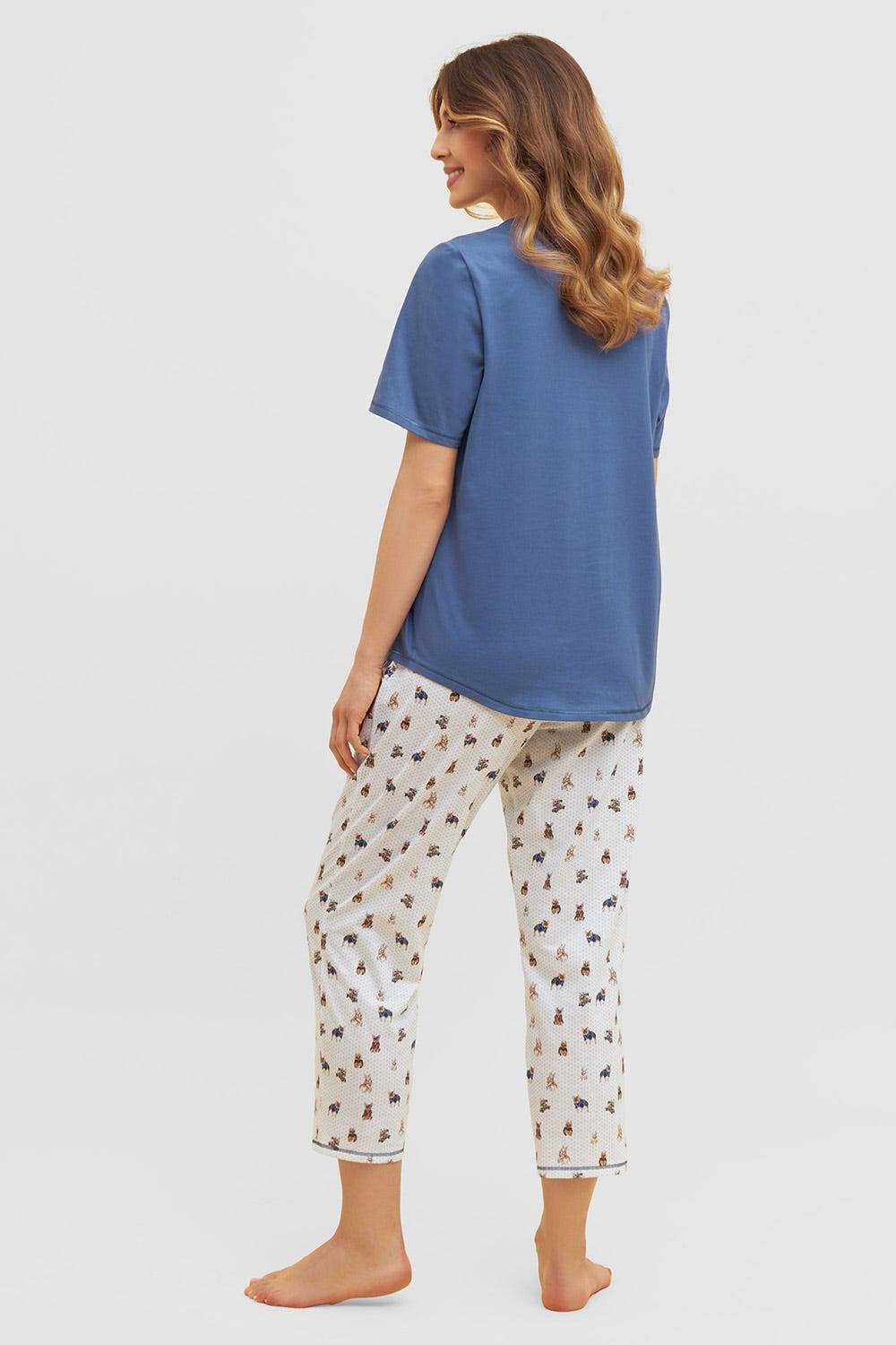 Rösch Pyjama mit verspieltem Hunde-Druck 7/8-Hose Blau Ziernähte 100% Baumwolle Speichern exportieren