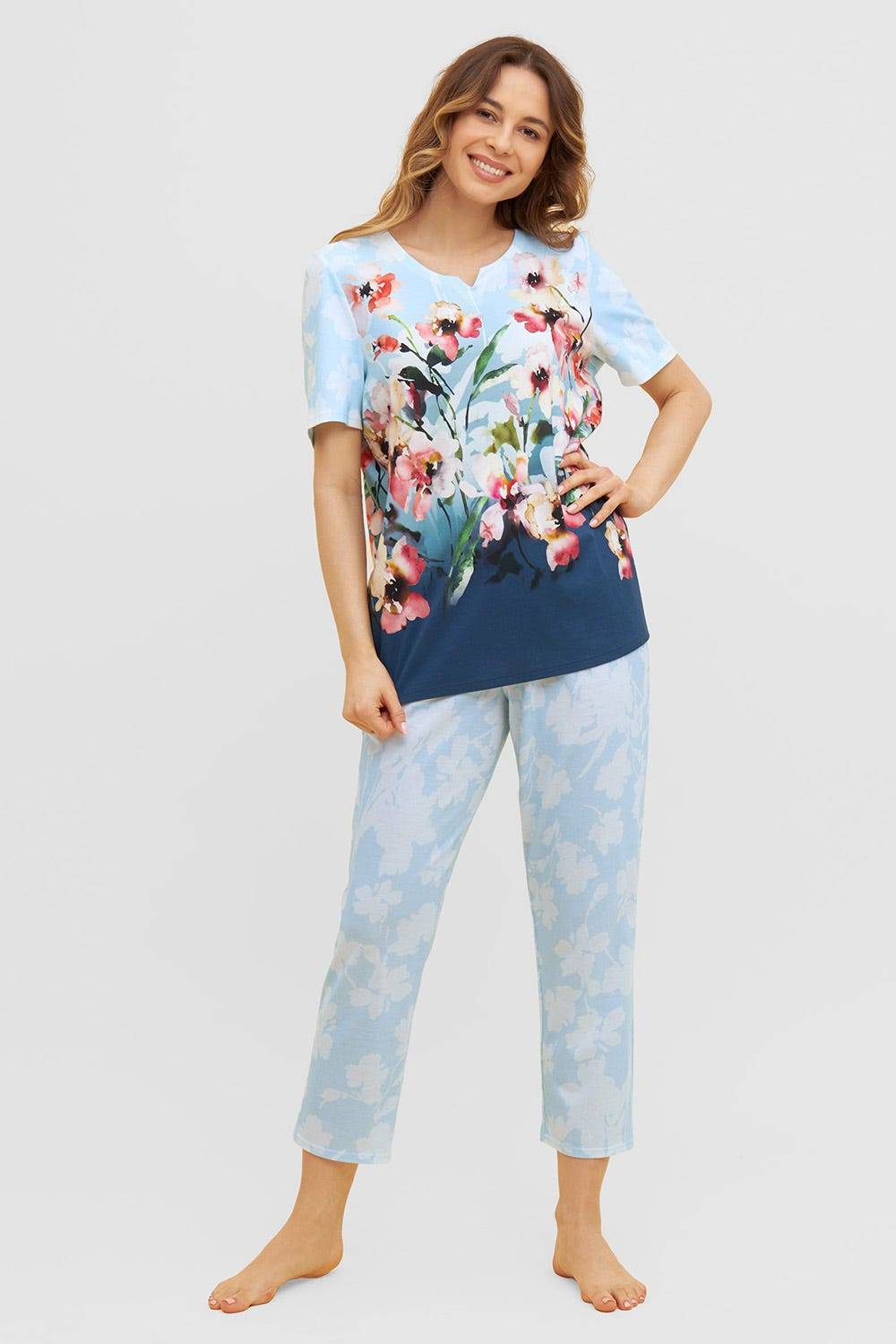 Rösch Pyjama mit platziertem Druck 7/8-Hose Kurzarm Baumwolle/Modal Im Verkauf