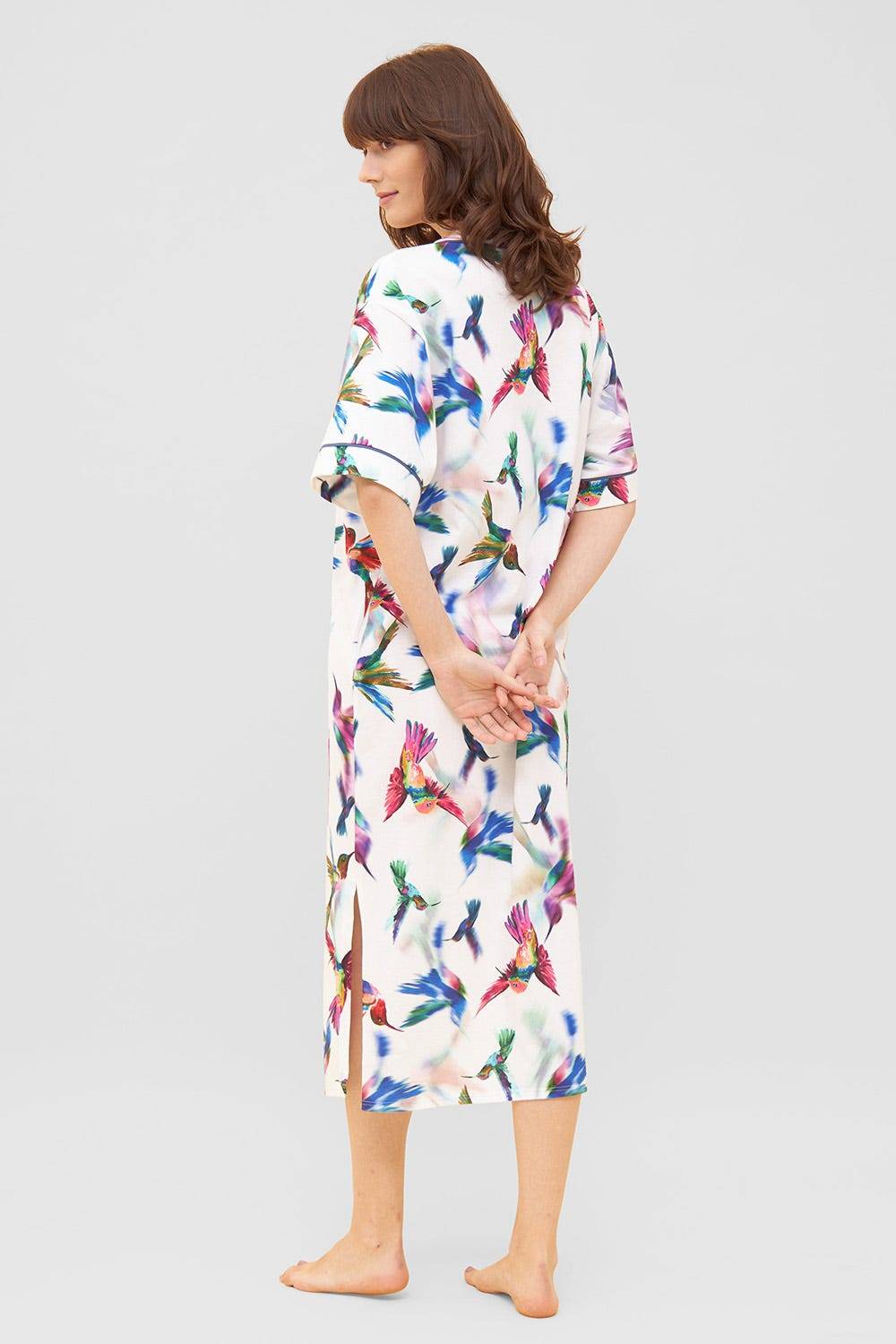 Rösch Nachtkleid im Vogel-Druck Kimono Paspeln Halbarm Maxi-Länge 100% Baumwolle zollfrei