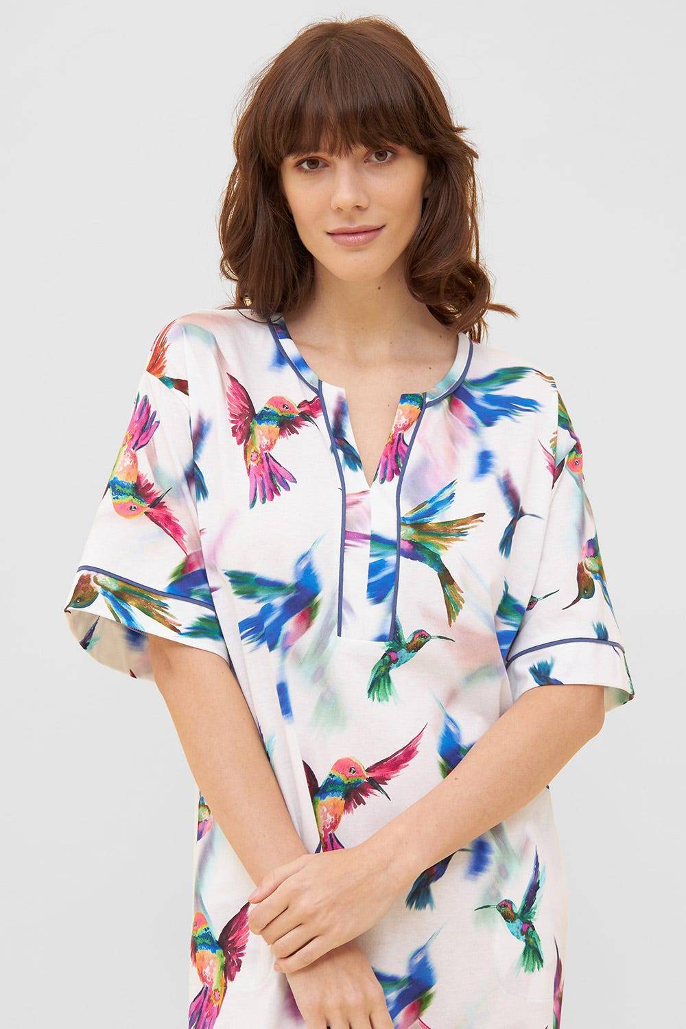 Rösch Nachtkleid im Vogel-Druck Kimono Paspeln Halbarm Maxi-Länge 100% Baumwolle zollfrei