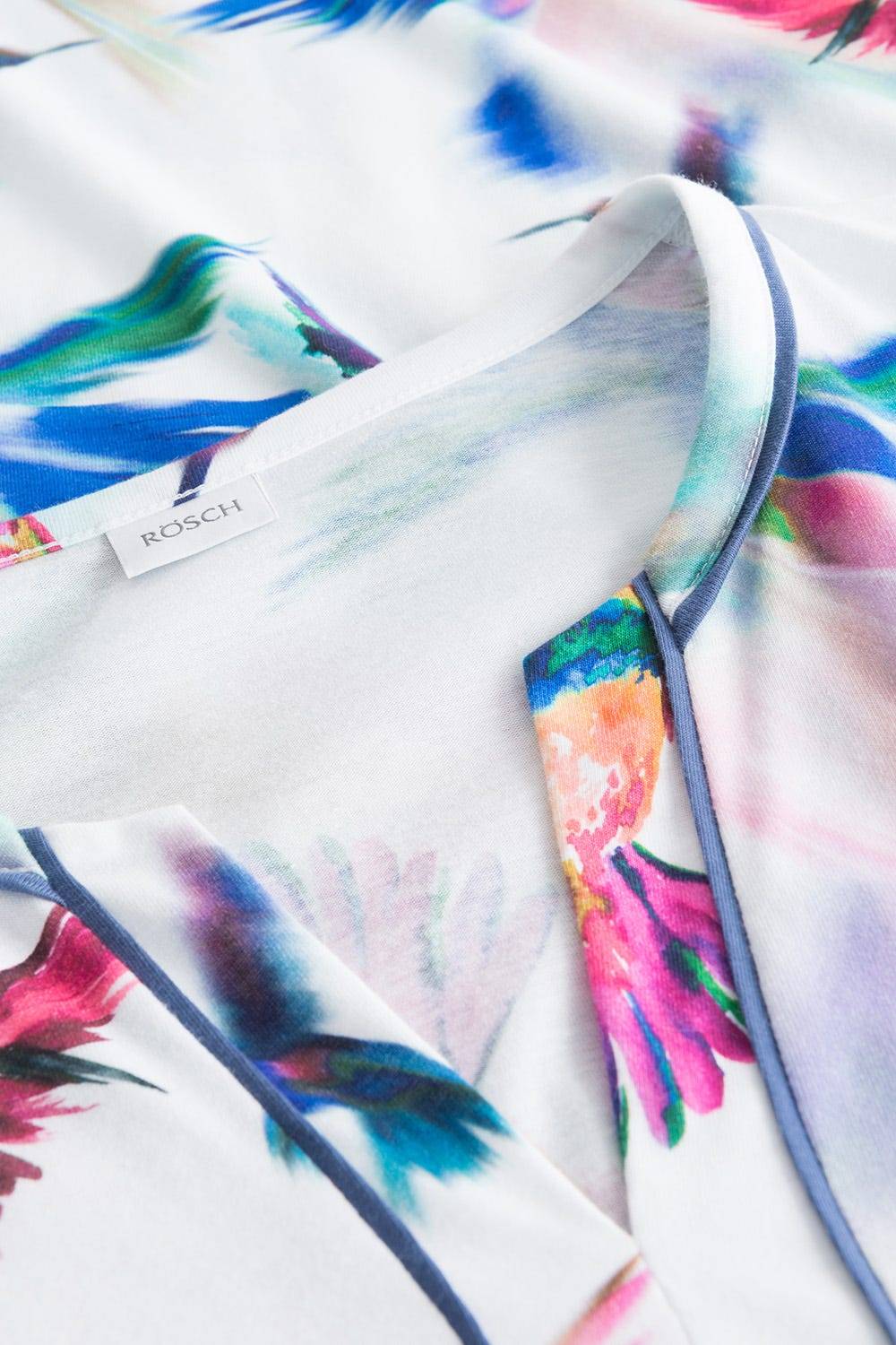 Rösch Nachtkleid im Vogel-Druck Kimono Paspeln Halbarm Maxi-Länge 100% Baumwolle zollfrei