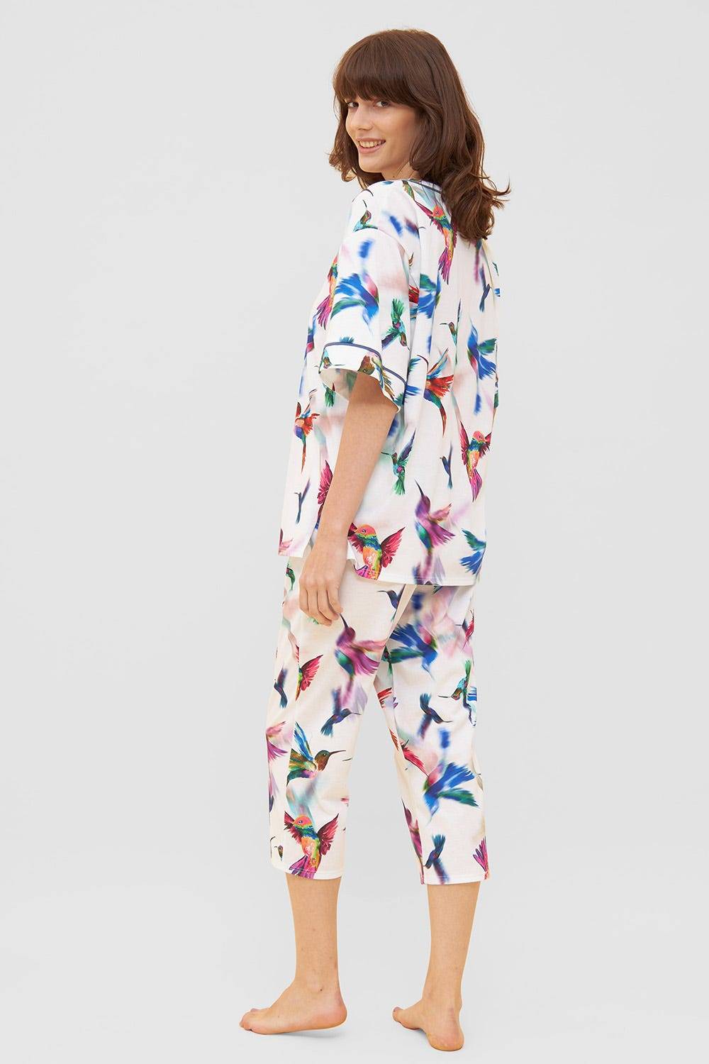 Rösch Pyjama im Vogel-Druck Kimono Paspeln Halbarm 100% Baumwolle 50% Rabatt für begrenzte Zeit
