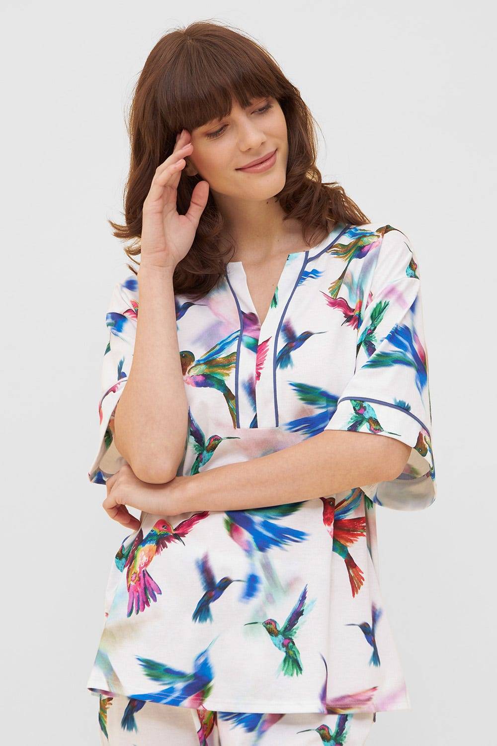 Rösch Pyjama im Vogel-Druck Kimono Paspeln Halbarm 100% Baumwolle 50% Rabatt für begrenzte Zeit