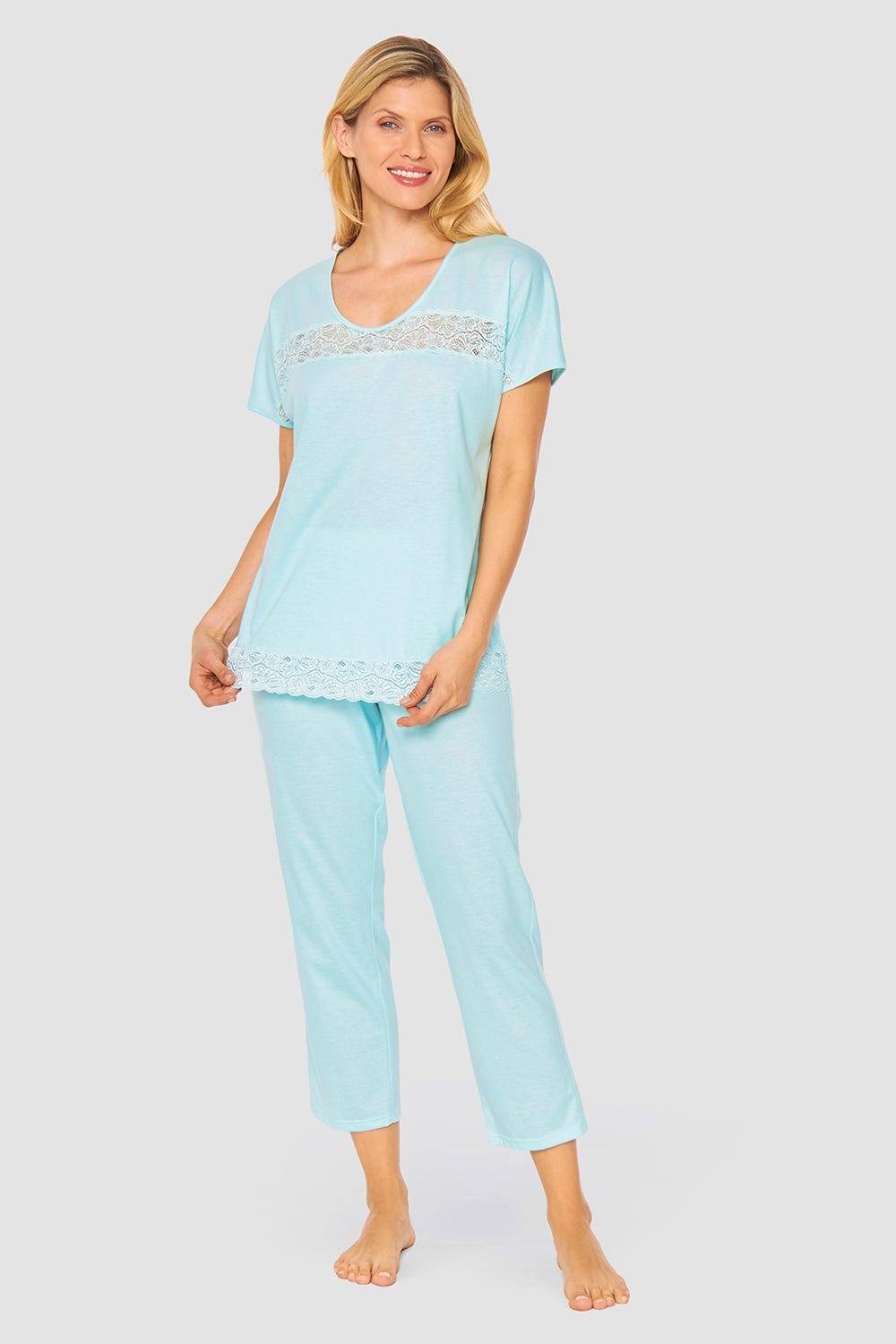 Rösch Pyjama mit feinen Spitzendetails Uni Elegant 100% Baumwolle Rabatte dieses Monats