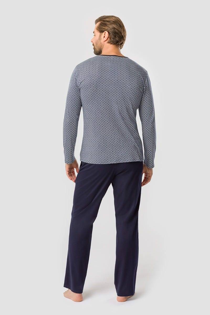 Rösch Herren Pyjama mit Minimalprint Blau Klassisch 100% Baumwolle Online