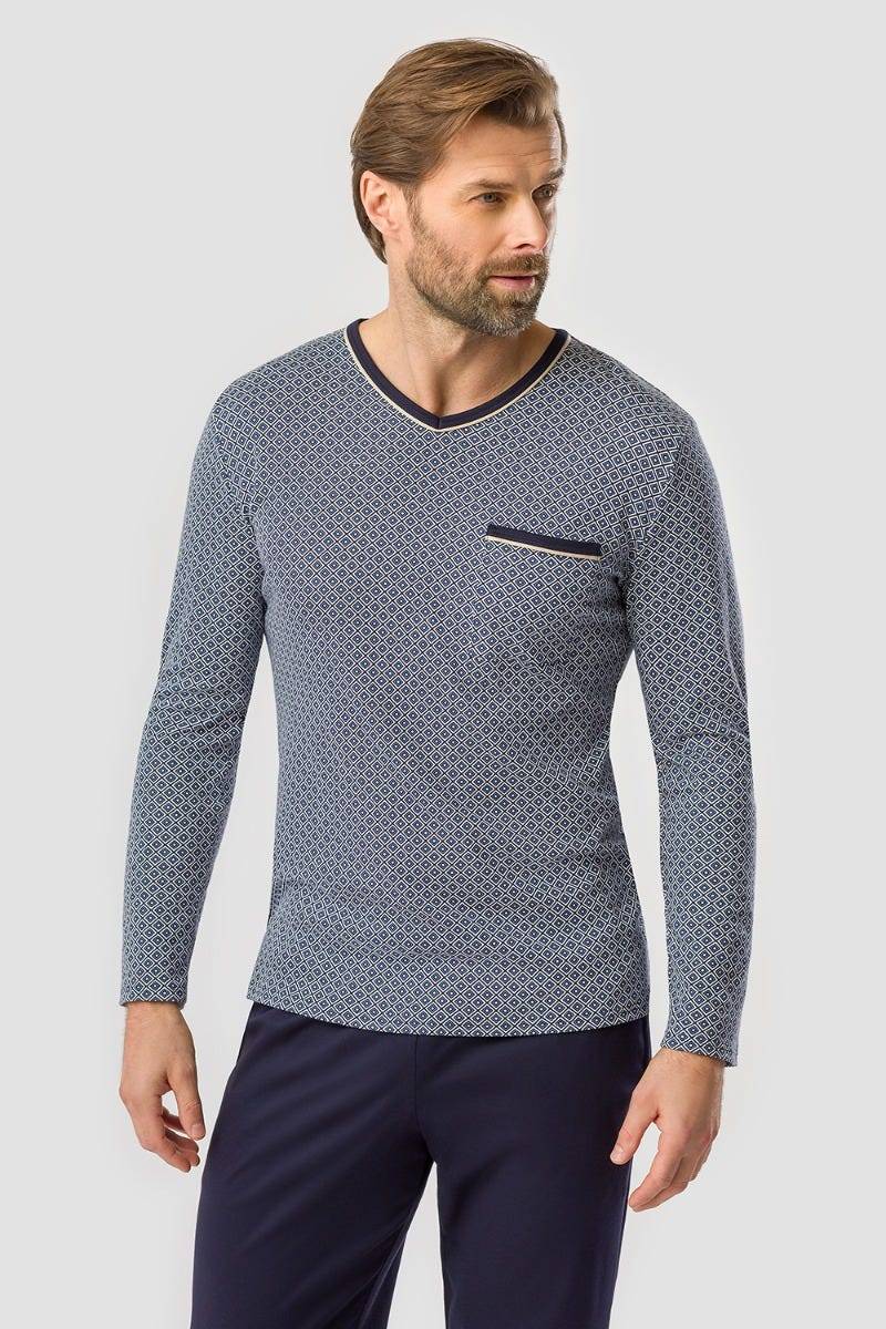 Rösch Herren Pyjama mit Minimalprint Blau Klassisch 100% Baumwolle Online