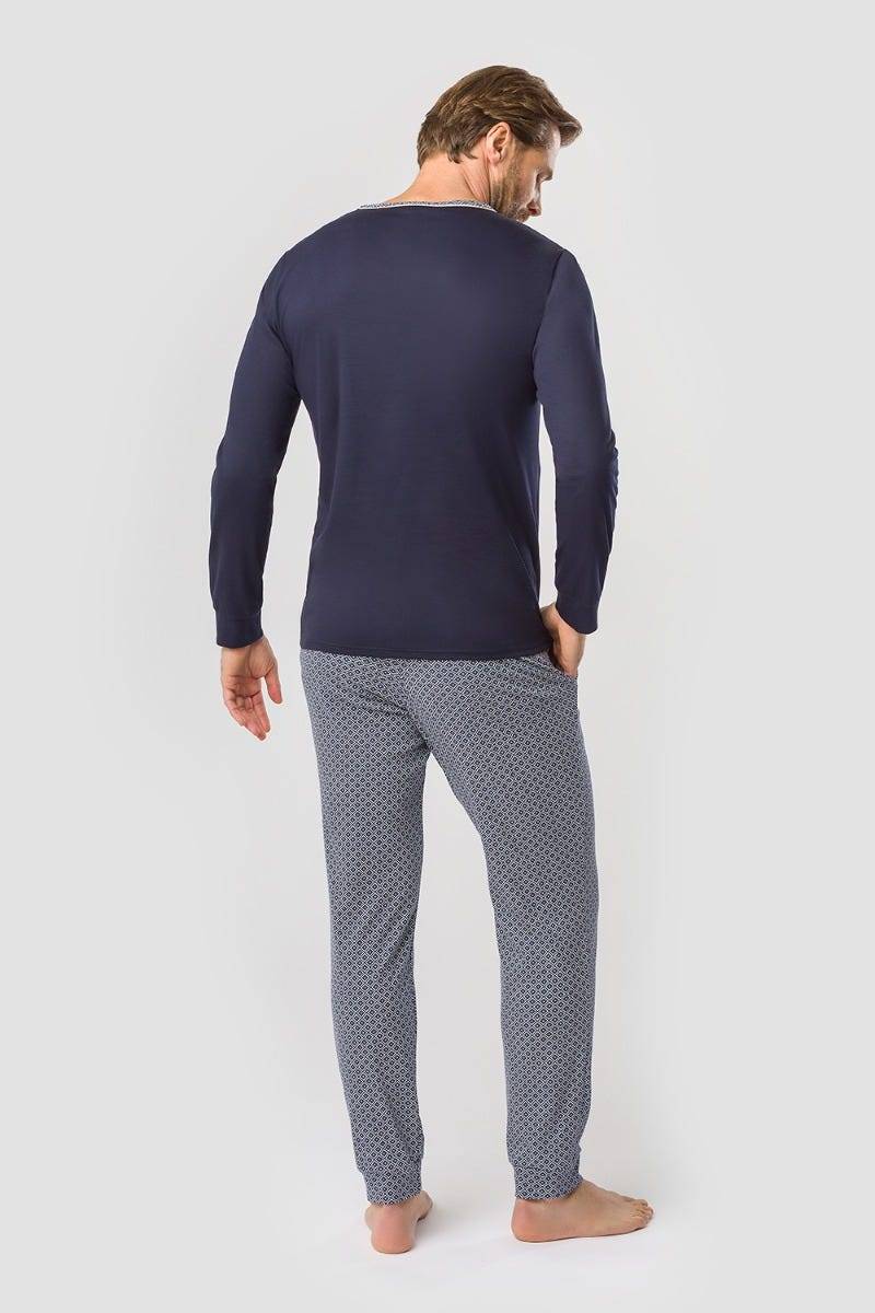 Rösch Herren Pyjama mit Minimalprint Blau Raffungen Paspeln 100% Baumwolle Outlet