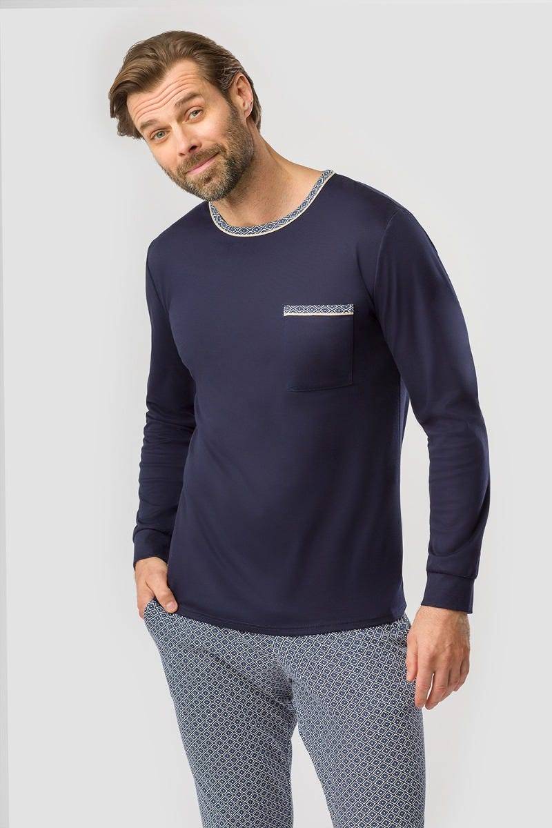 Rösch Herren Pyjama mit Minimalprint Blau Raffungen Paspeln 100% Baumwolle Outlet