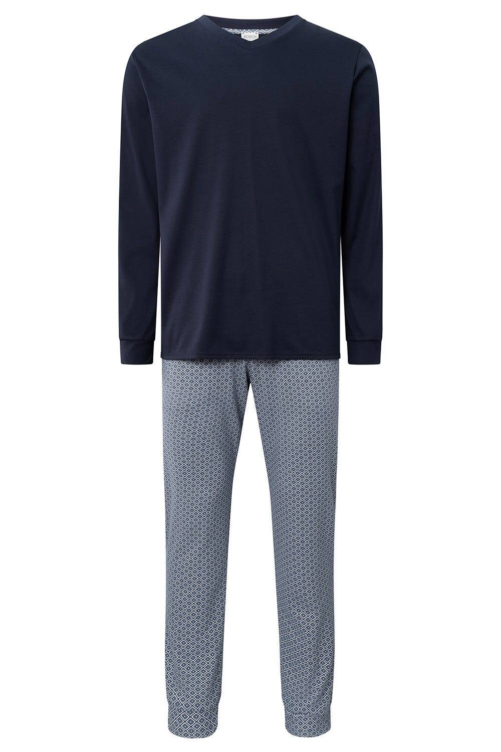 Rösch Herren Langer Pyjama mit Minimalprint Blau V-Ausschnitt 100% Baumwolle Verkauf