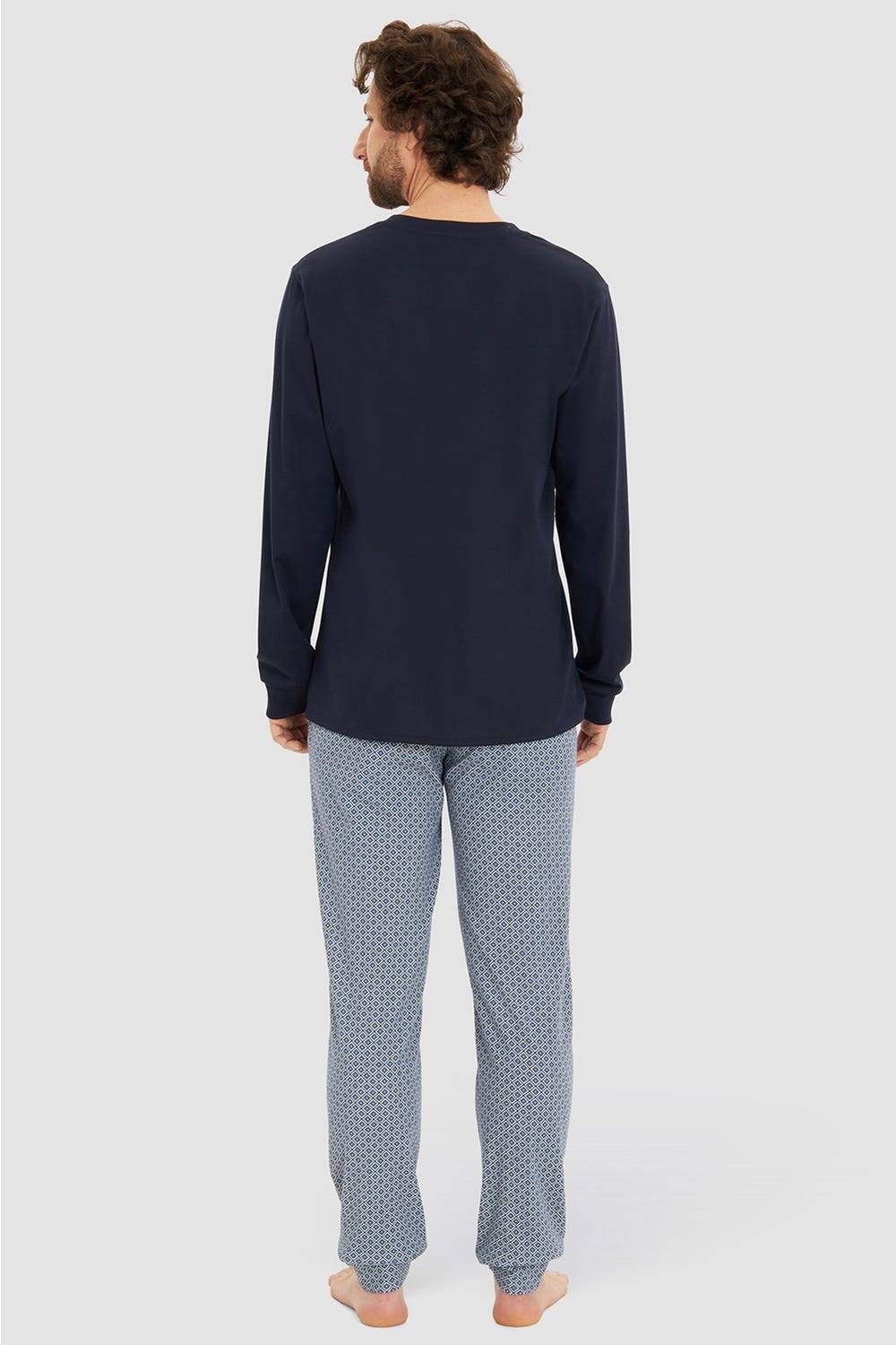 Rösch Herren Langer Pyjama mit Minimalprint Blau V-Ausschnitt 100% Baumwolle Verkauf