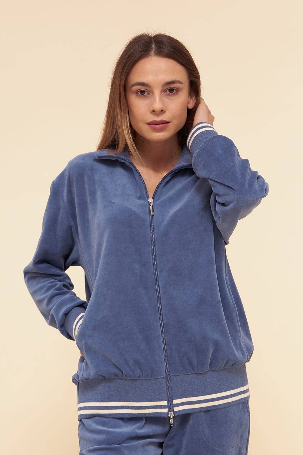 Rösch Hausanzug aus Nicki Blouson-Style sportive Streifen Stickbündchen Baumwolle/Polyester Schlussverkauf