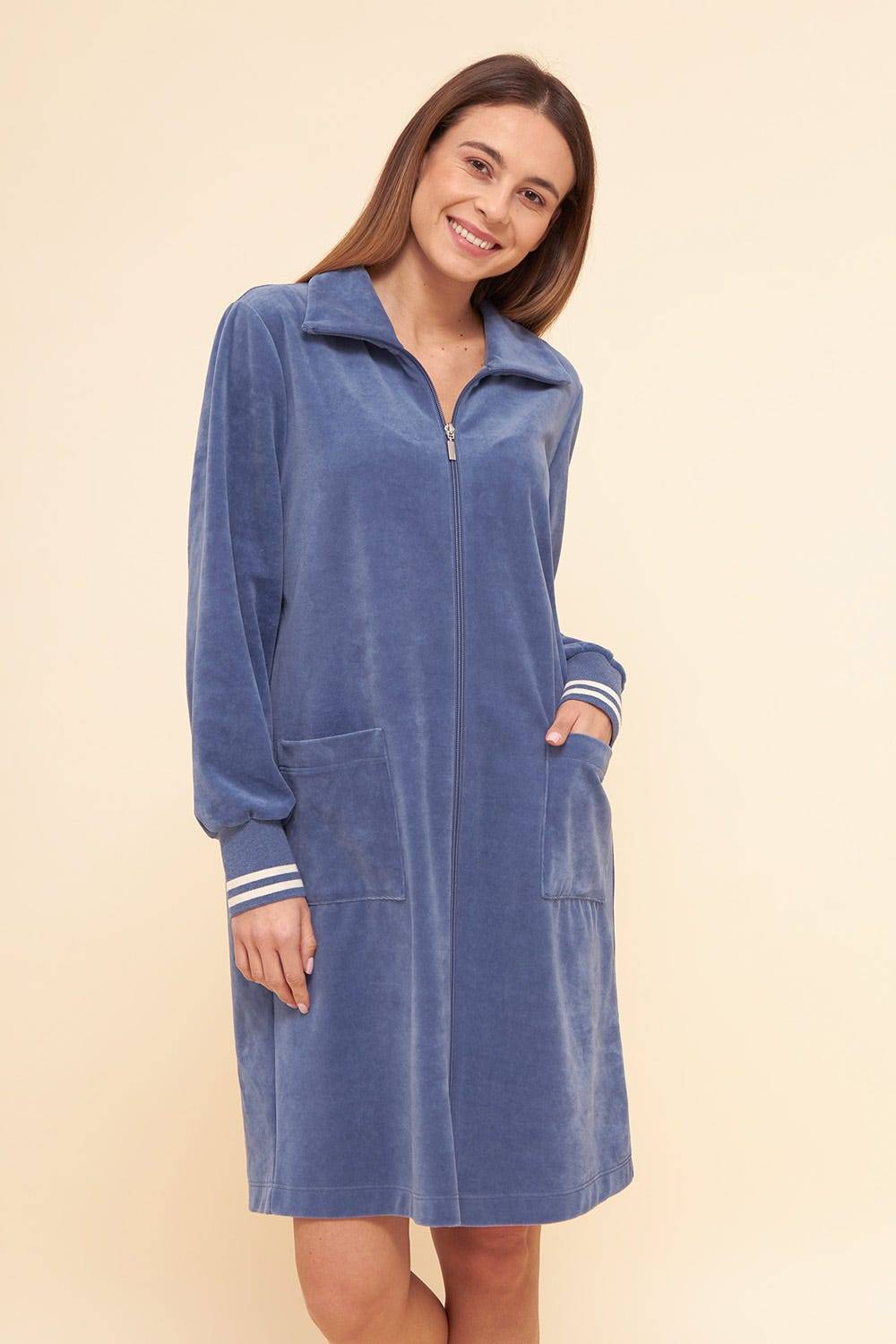 Rösch Morgenmantel aus Nicki Blouson-Style sportive Streifen Stickbündchen Baumwolle/Polyester Günstiger Verkauf