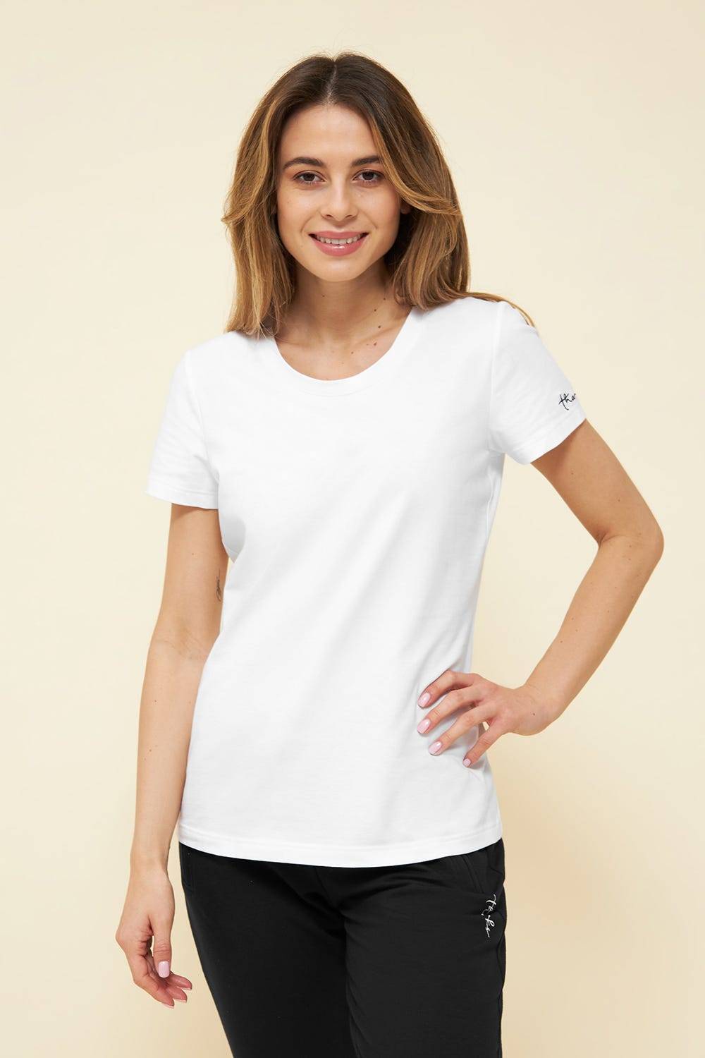 Rösch Basic T-Shirt Weiß Uni Stickereidetail Bio-Baumwolle/Elasthan thx Meist gekauft