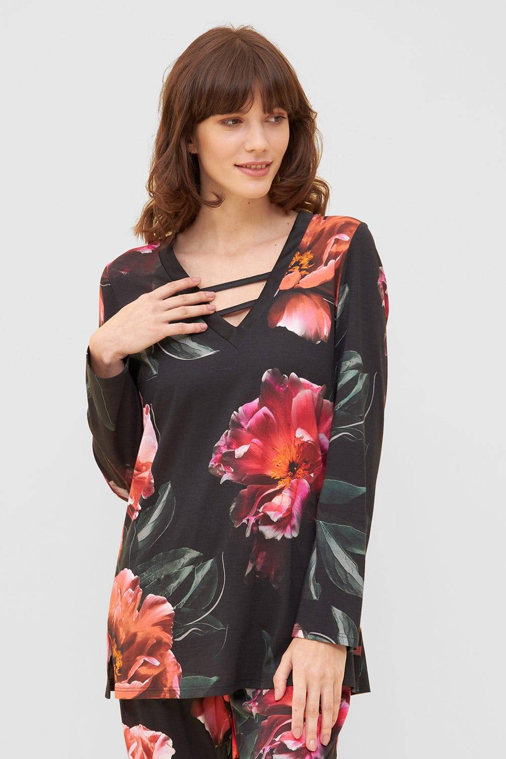Rösch Pyjama im eleganten Blumendruck V-Ausschnitt Baumwolle/Modal Exklusivangebot