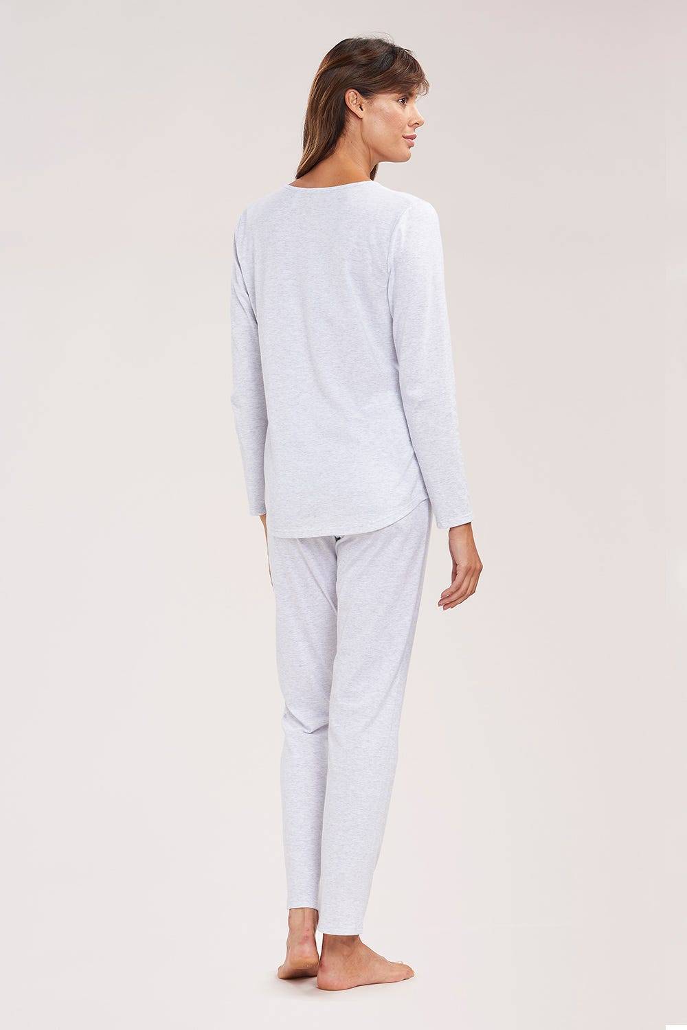 Rösch Pyjama mit Zierschleife und Spitze Grau Langarm 100% Baumwolle Black Friday