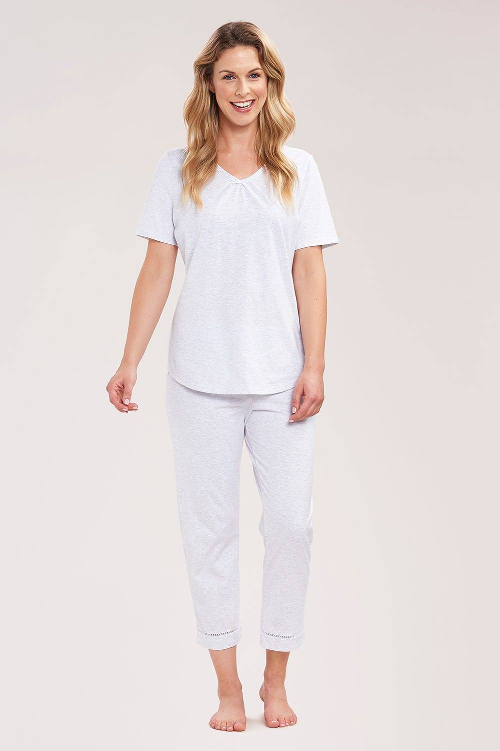 Rösch Pyjama mit Zierschleife und Spitze Grau Kurzarm 7/8-Hose 100% Baumwolle Cyber Monday