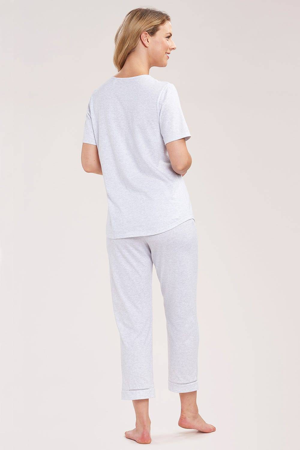 Rösch Pyjama mit Zierschleife und Spitze Grau Kurzarm 7/8-Hose 100% Baumwolle Cyber Monday