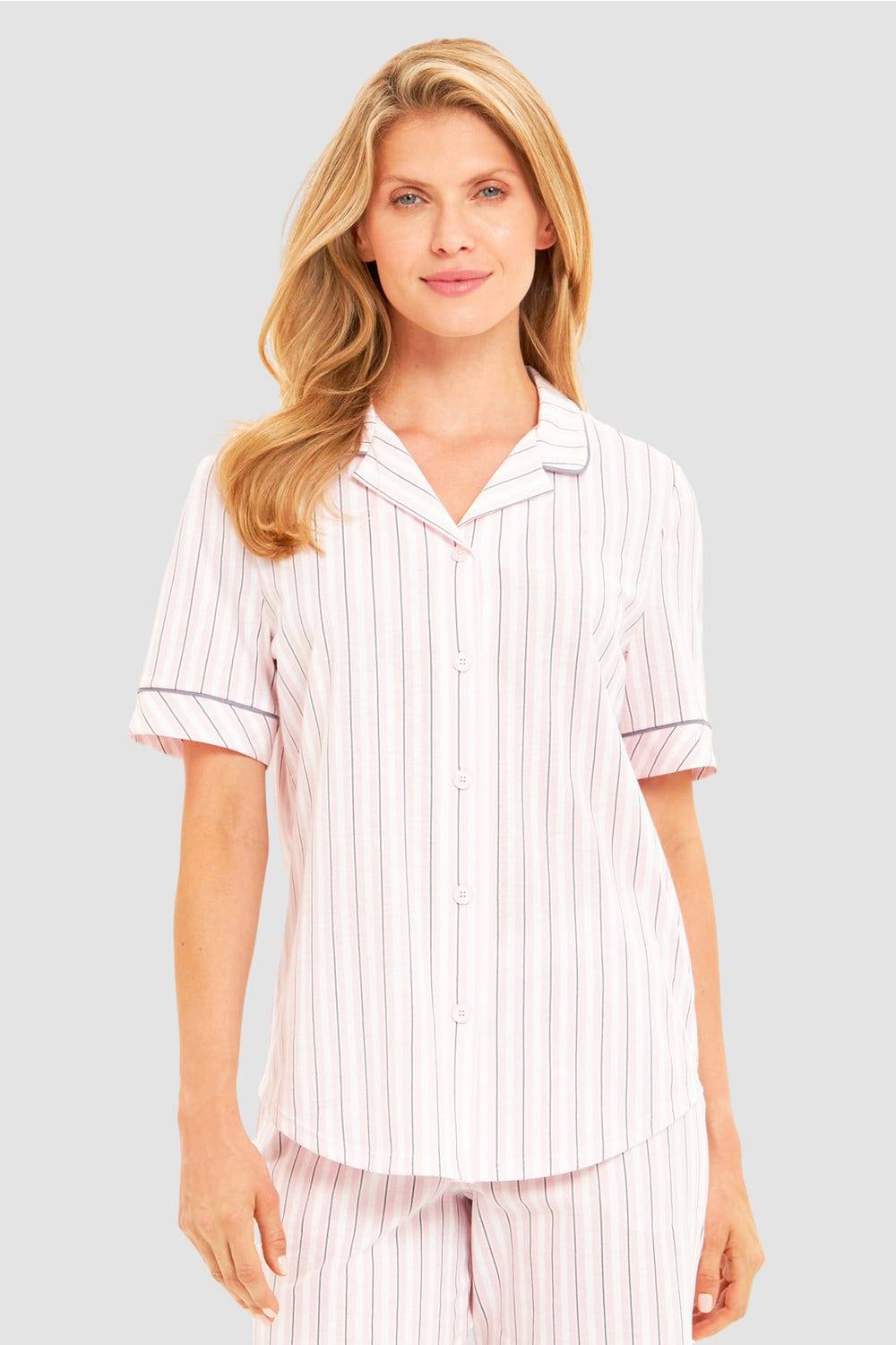 Rösch Basic Pyjamashirt Kurzarm im Streifendruck Herrenhemdstil Muttertagsangebot