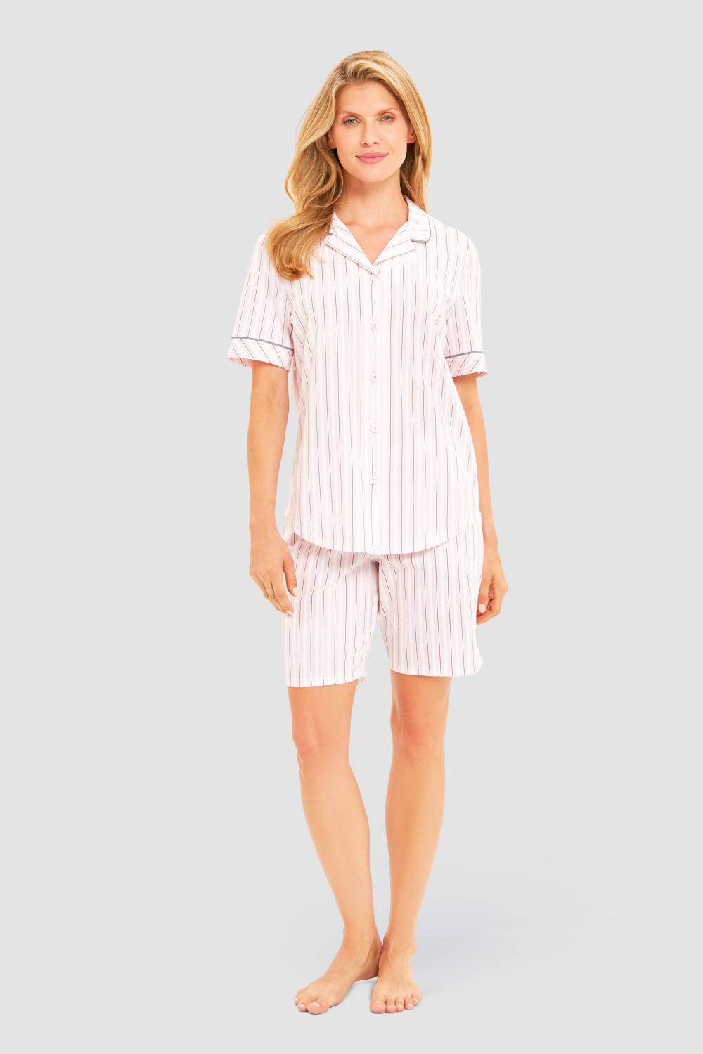 Rösch Basic Pyjamashirt Kurzarm im Streifendruck Herrenhemdstil Muttertagsangebot