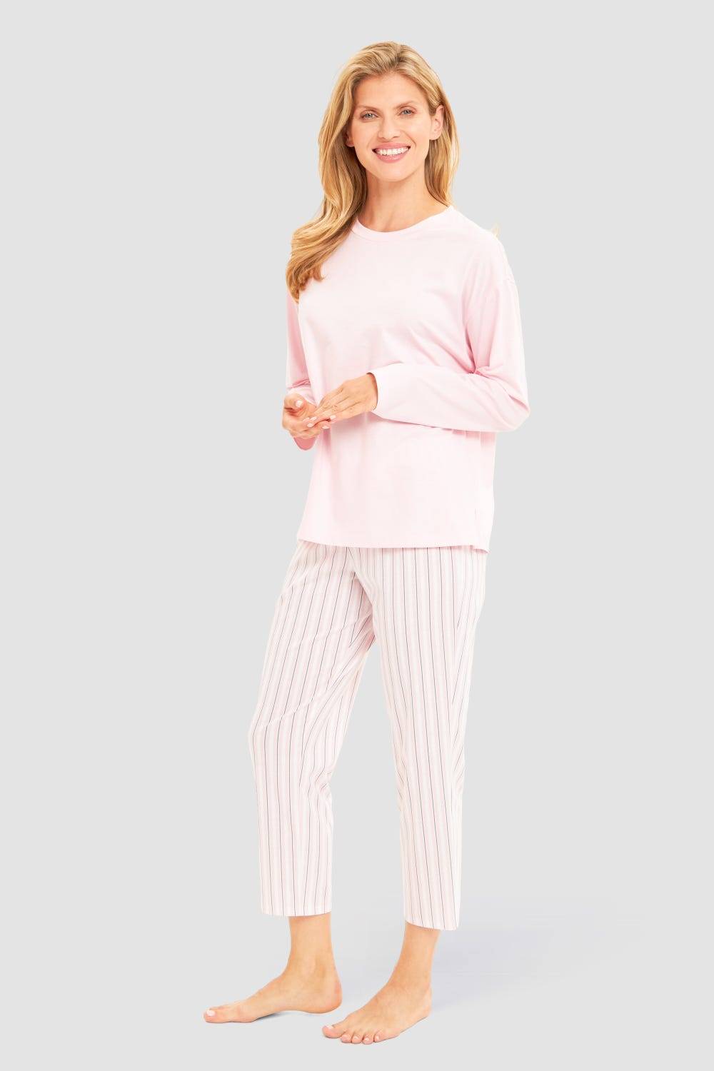 Rösch Basic 7/8-Pyjamahose im Streifendruck Rosa-Grau Lagerräumung
