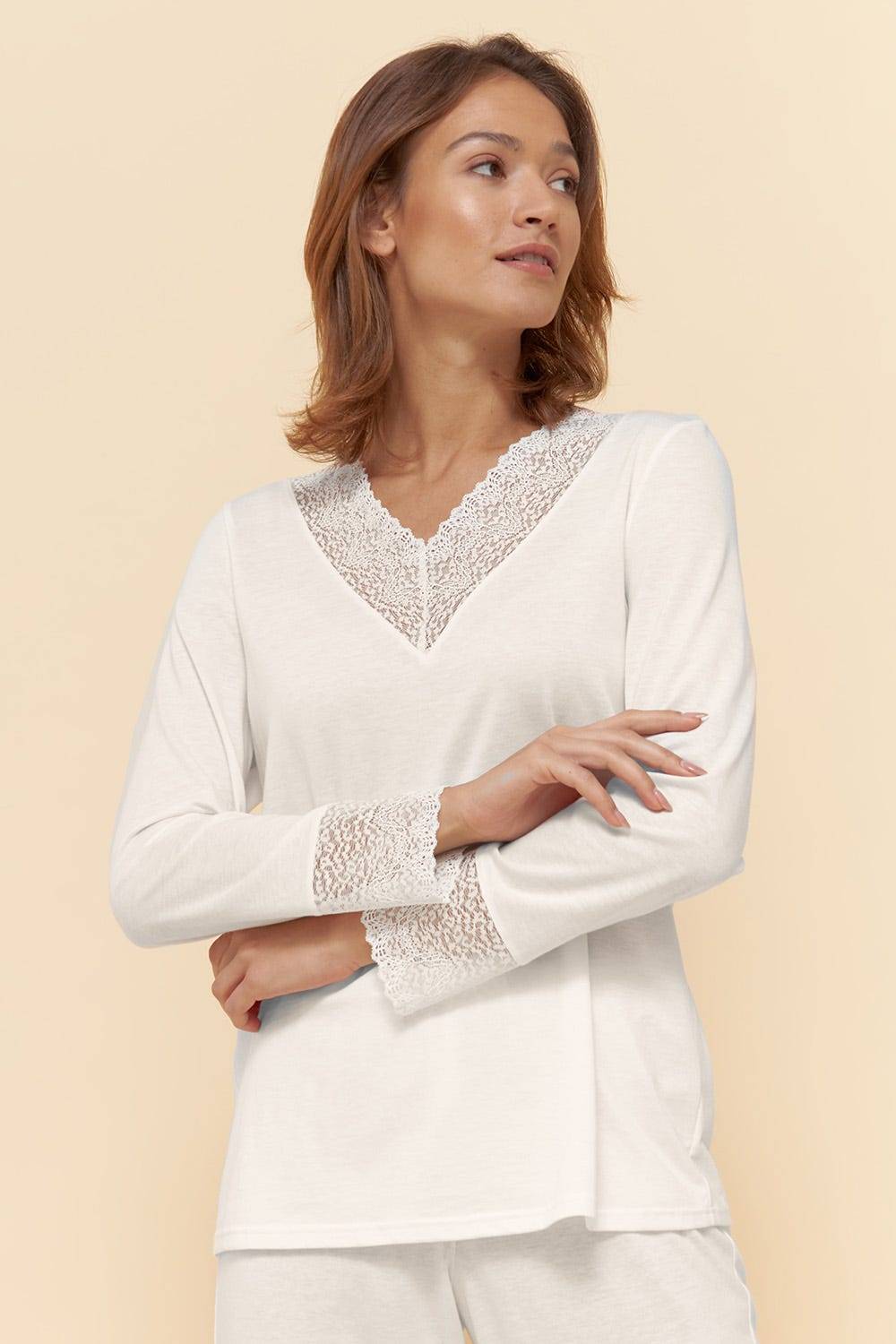 Rösch Pyjama mit eleganten Spitzen-Details einfarbig romantisch verspielt Baumwolle/Modal Kauf eins, bekomm eins gratis