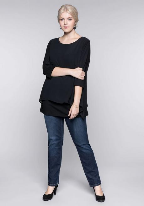 sheego Blusenshirt in leichter A-Linie mit Zipfelsaum - schwarz sheego 50% Rabatt für begrenzte Zeit