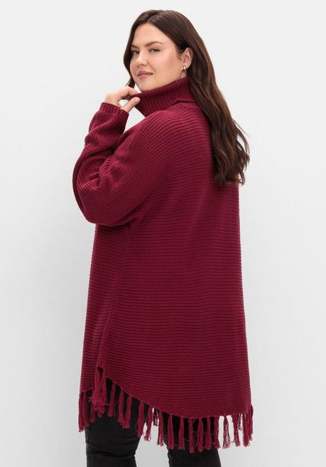 sheego Gerippter Poncho-Pullover mit Fransensaum - beere sheego Sonderangebot
