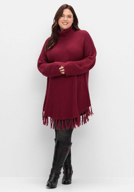 sheego Gerippter Poncho-Pullover mit Fransensaum - beere sheego Sonderangebot