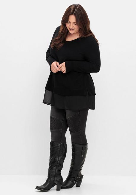 sheego Pullover in A-Linie, mit Chiffonbesatz am Saum - schwarz sheego Heißer Verkauf