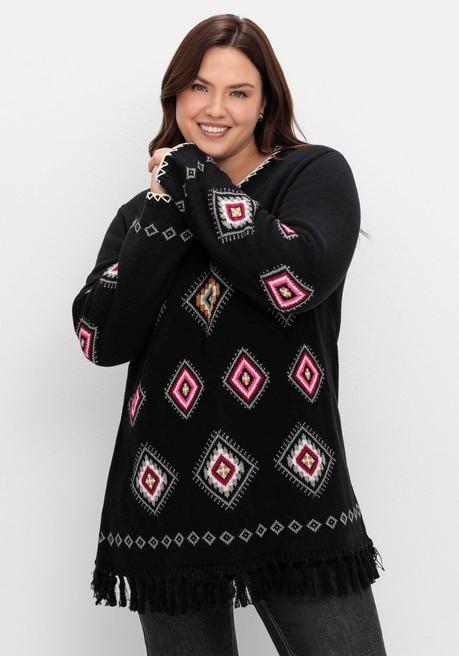 sheego Pullover mit Ethnomuster und Fransen - schwarz gemustert sheego Top Angebot