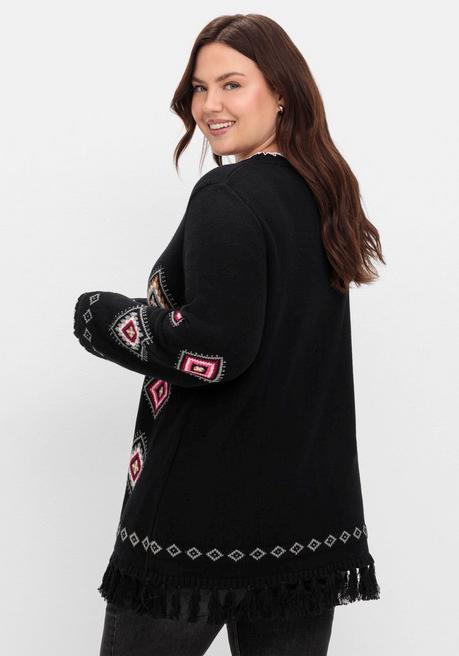 sheego Pullover mit Ethnomuster und Fransen - schwarz gemustert sheego Top Angebot