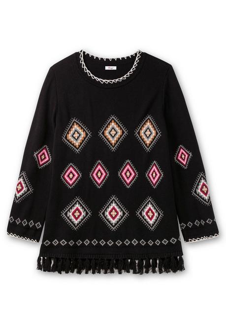 sheego Pullover mit Ethnomuster und Fransen - schwarz gemustert sheego Top Angebot